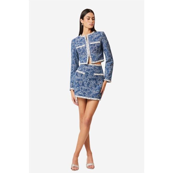 Elliatt Denver Denim Blue Cropped Jacket & Mini Skirt Set Classic size S NWT - Picture 2 of 6